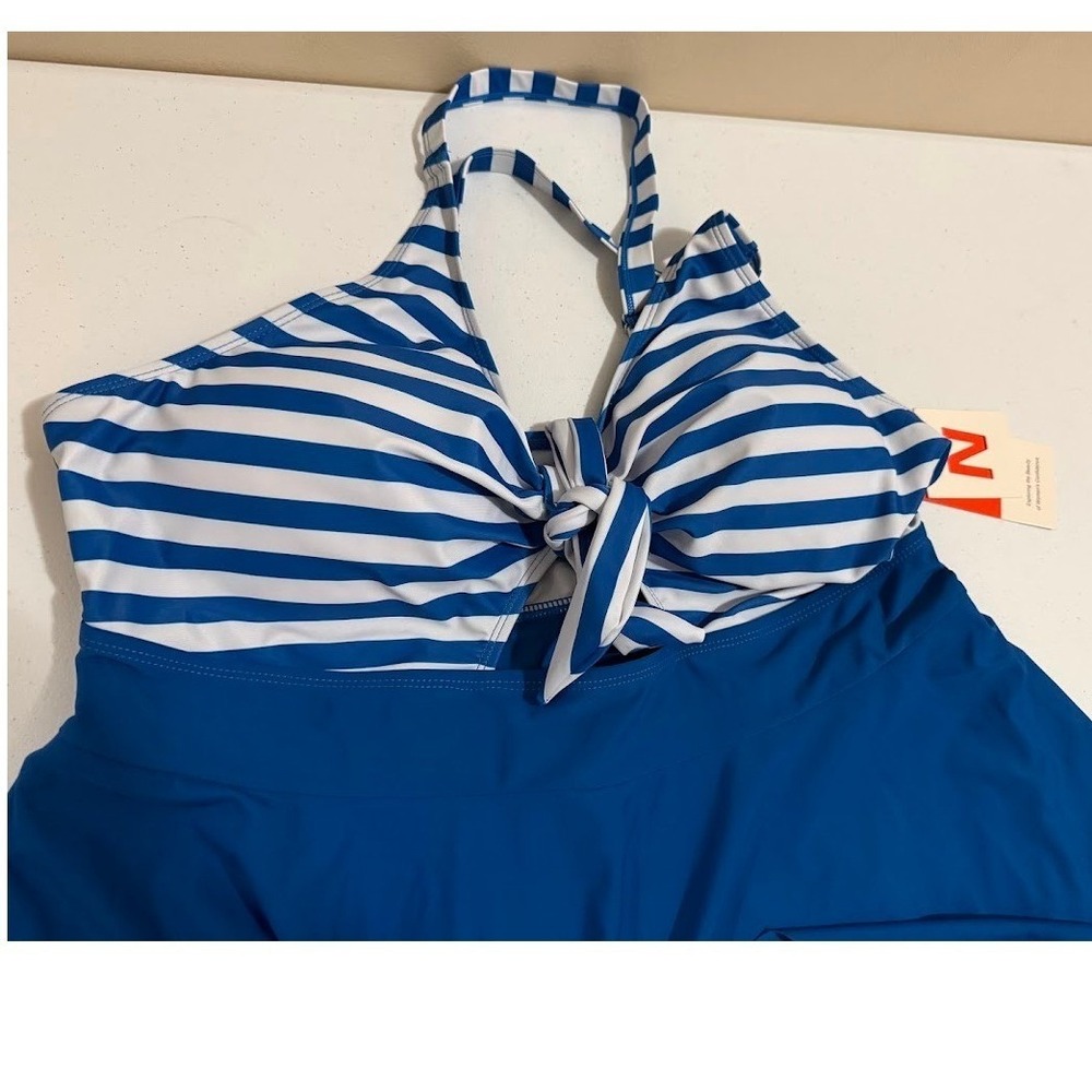 Neyook Blue White Striped Halter Swim Dress One Piece Swimsuit Nautical Tie Fron